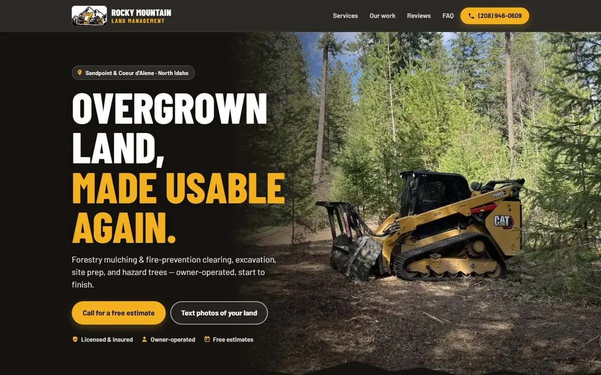 Desktop homepage of Rocky Mountain Land Management: a bold 'Overgrown land, made usable again' headline over a photo of a tracked mulcher in the forest.