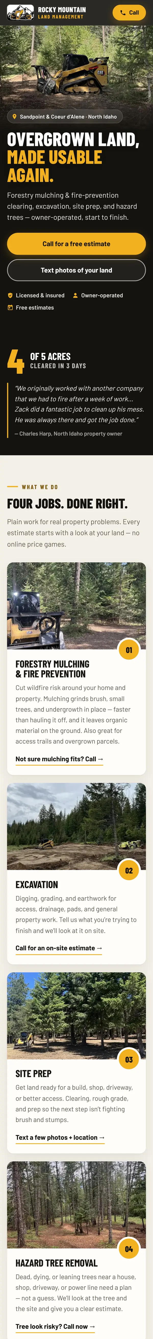 The Rocky Mountain Land Management mobile website scrolling: hero photo, call for a free estimate button, services and reviews.